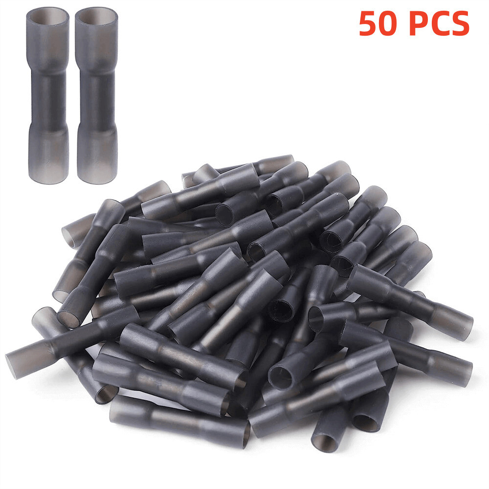 50pcs Black Waterproof Heat Shrink Butt Connector Splice Terminals 14-12AWG Wire