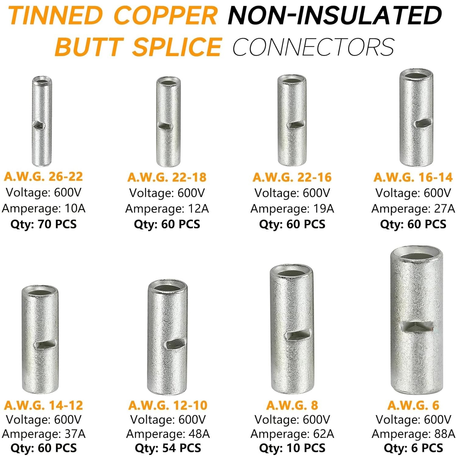 380PCS Non Insulated Butt Connectors Kit Butt Splice Connector Uninsulated Wire