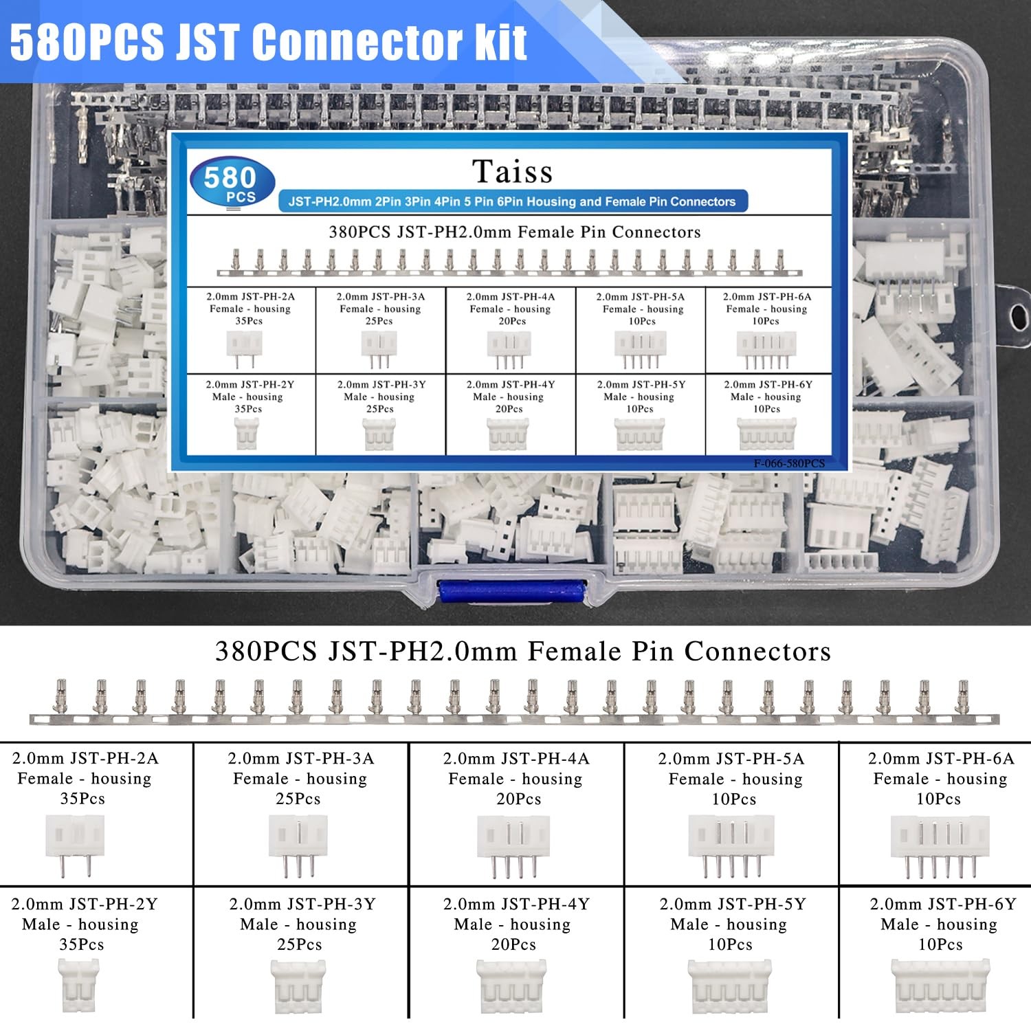 Taiss 580PCS JST PH Connector kit 2.0mm PH2.0 Kit, White