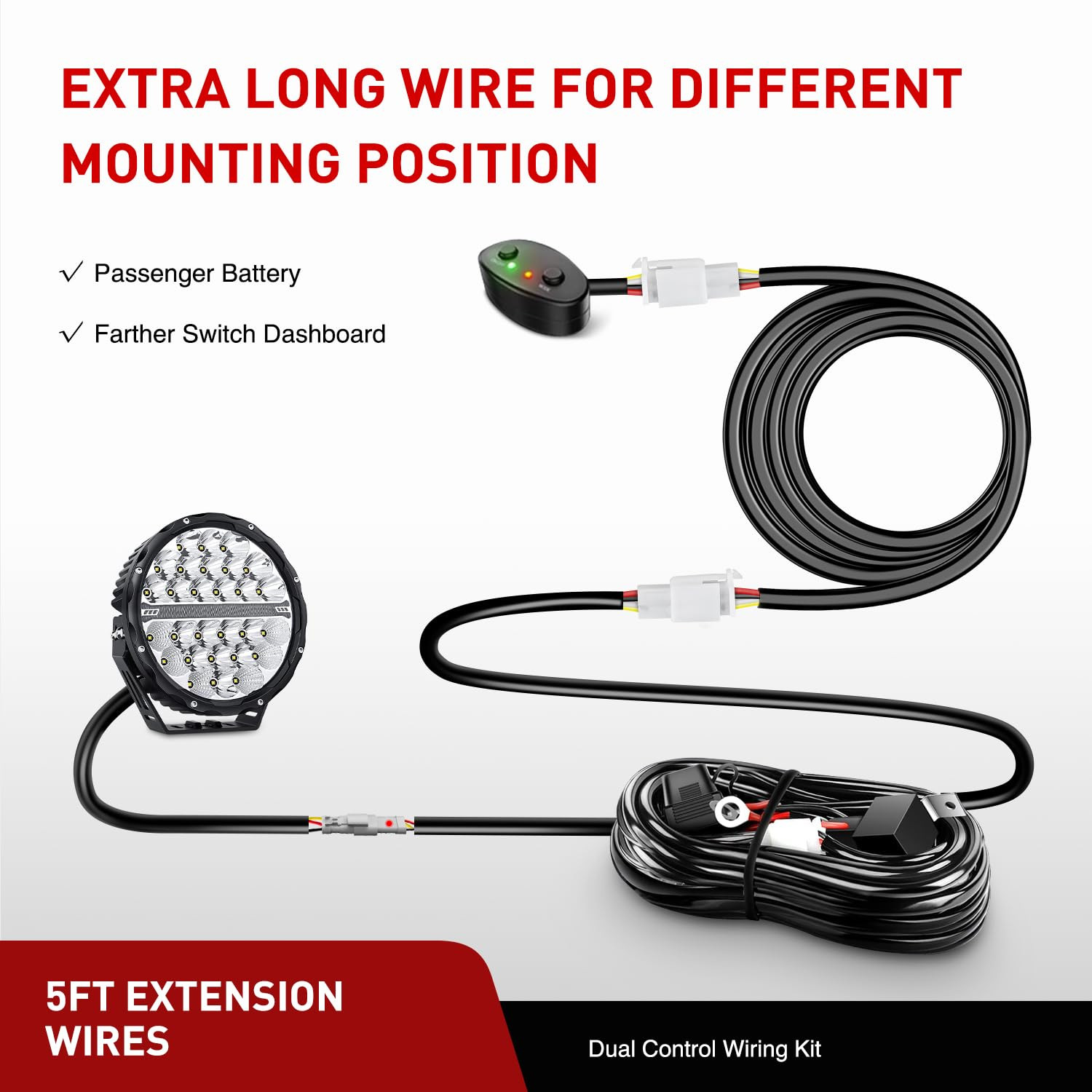 22AWG 5 Feet Plug and Play Dual Control Switch Wiring Harness Extension Kit for