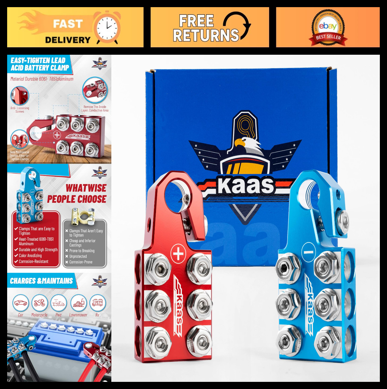 Colored Battery Terminal Connectors Set – Positive Red & Negative Blue, 12-Way C