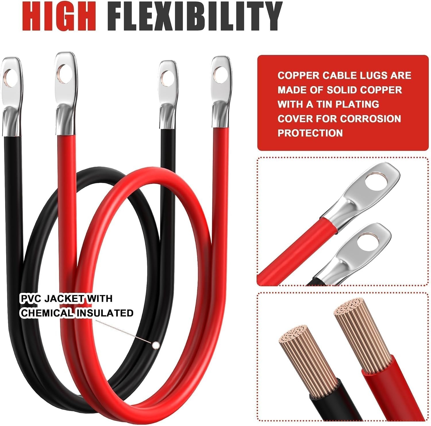 4 AWG Battery Cable, 4 AWG 18 Inch Pure Copper Battery Inverter Cables with 3…