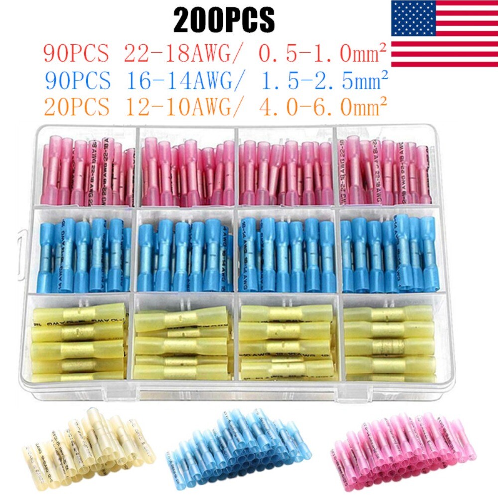 200Pcs 22-10AWG Red Heat Shrink Wire Butt Connectors Waterproof Splice Terminals