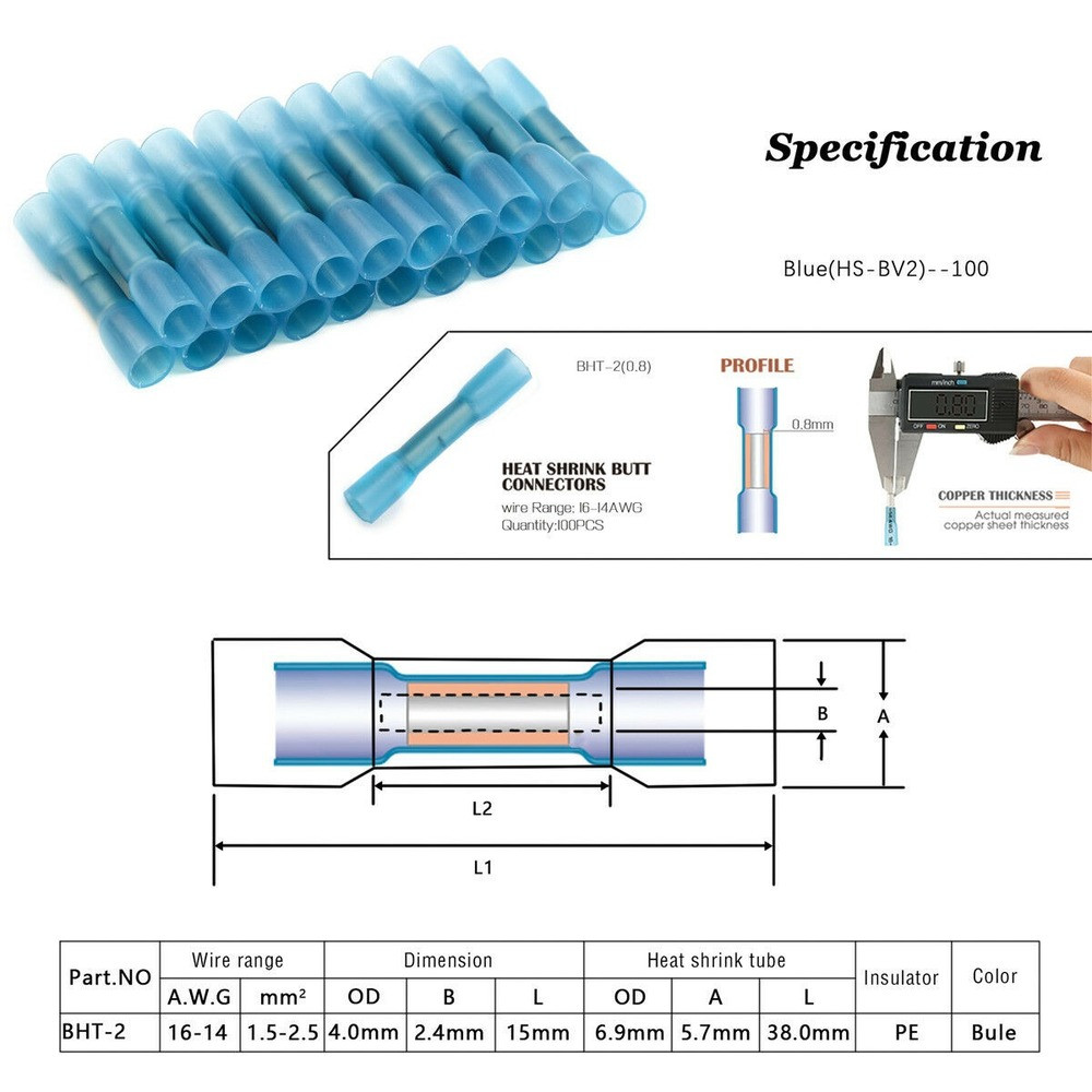 1000Pcs Butt Tube Heat Shrink Waterproof Blue Wire Connectors Crimp Terminal
