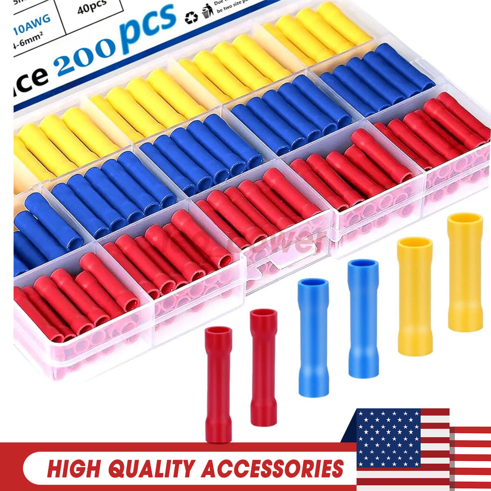 200PCS Insulated Straight Electrical Butt Wire Connectors Splice Crimp Terminals