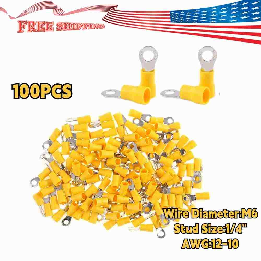 100 PCS 12-10 Gauge 1/4″ Stud Insulated Vinyl Ring Terminals Tin Copper Core US