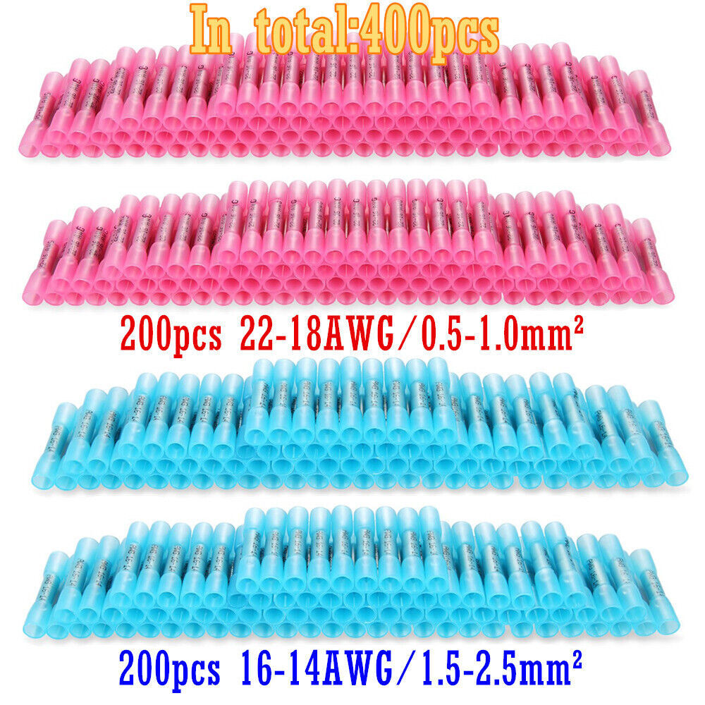 Heat Shrink Butt Wire Splice Connectors Crimp Terminals 400/200PCS Kit 22-14AWG