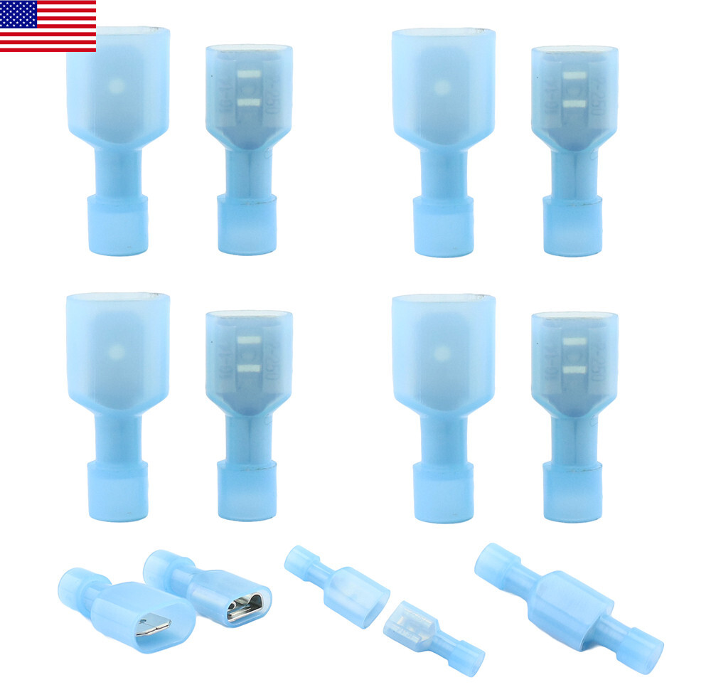 100pcs Blue Male Female Insulated Wire Terminal Spade Crimp Connectors 16-14AWG