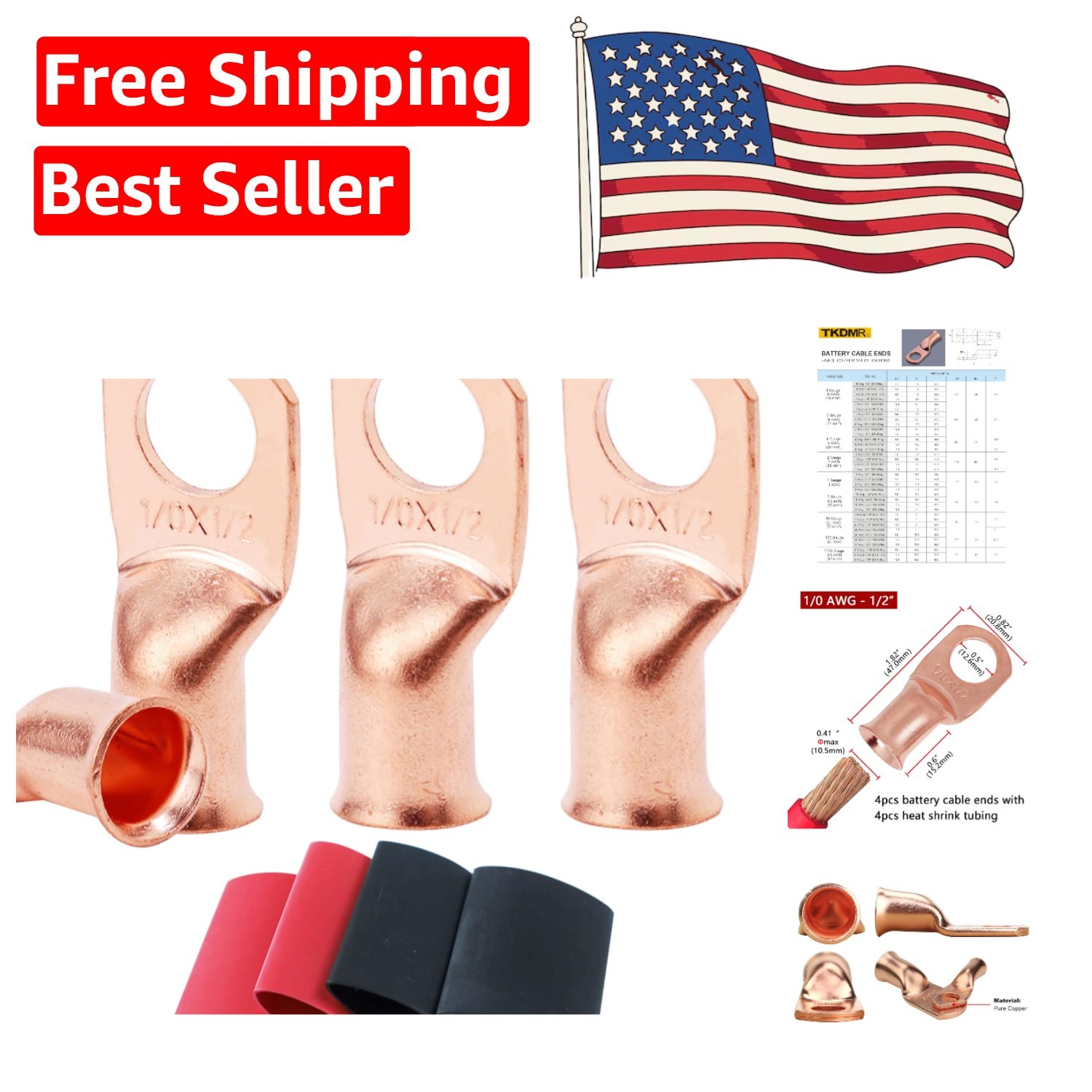 4pcs 1/0 AWG Heavy Duty Battery Lugs with 3:1 Heat Shrink Tubing – Copper Con…