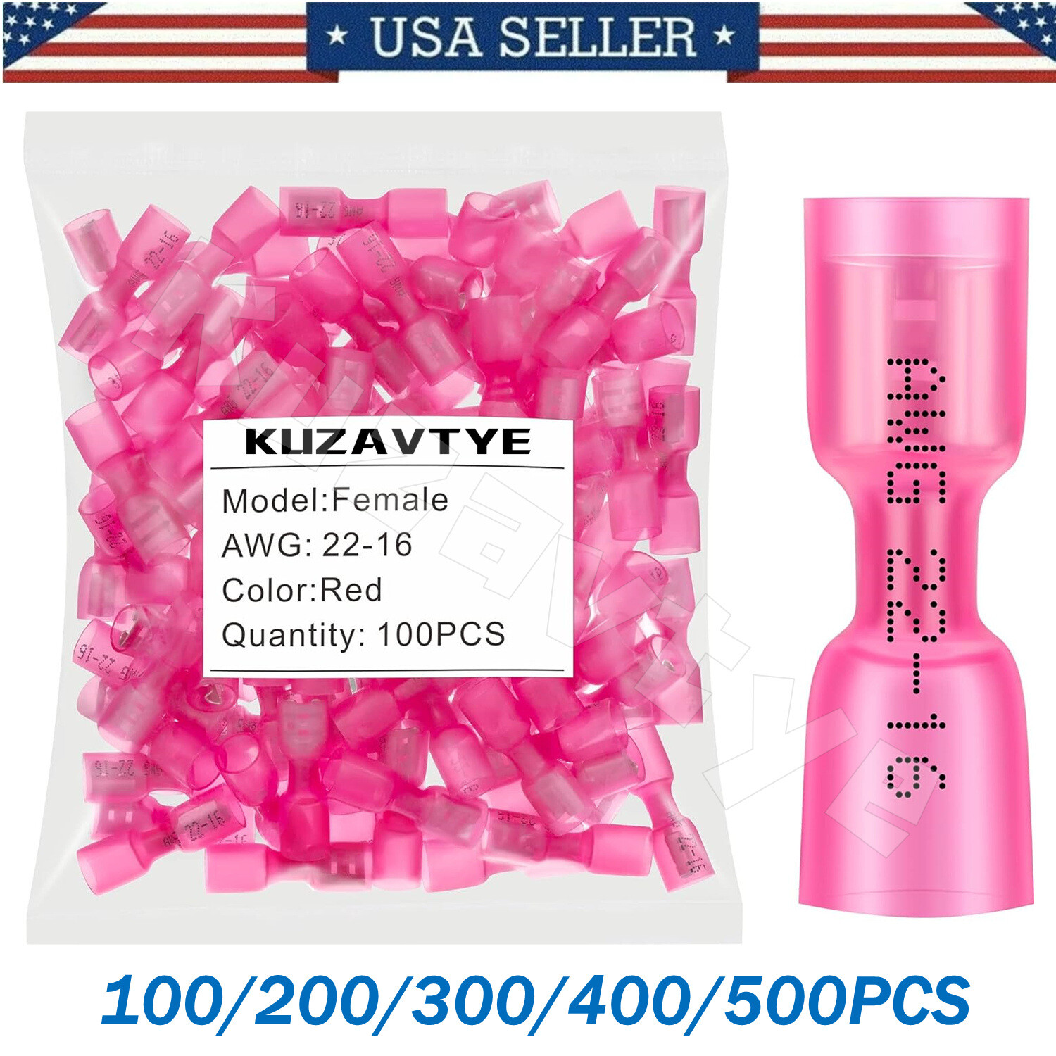 100/200X Spade Heat Shrink Wire Connectors Female 22-16 AWG Crimp Terminals Red