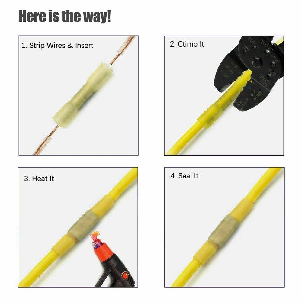 500/300Pcs 22-10AWG Heat Shrink Butt Wire Splice Connectors Seal Crimp Terminals