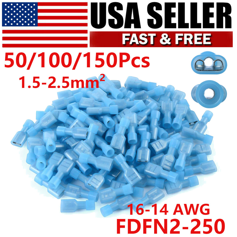 Blue Female Spade Terminals Crimp Connectors 16-14 AWG Insulated 50/100/150PCS