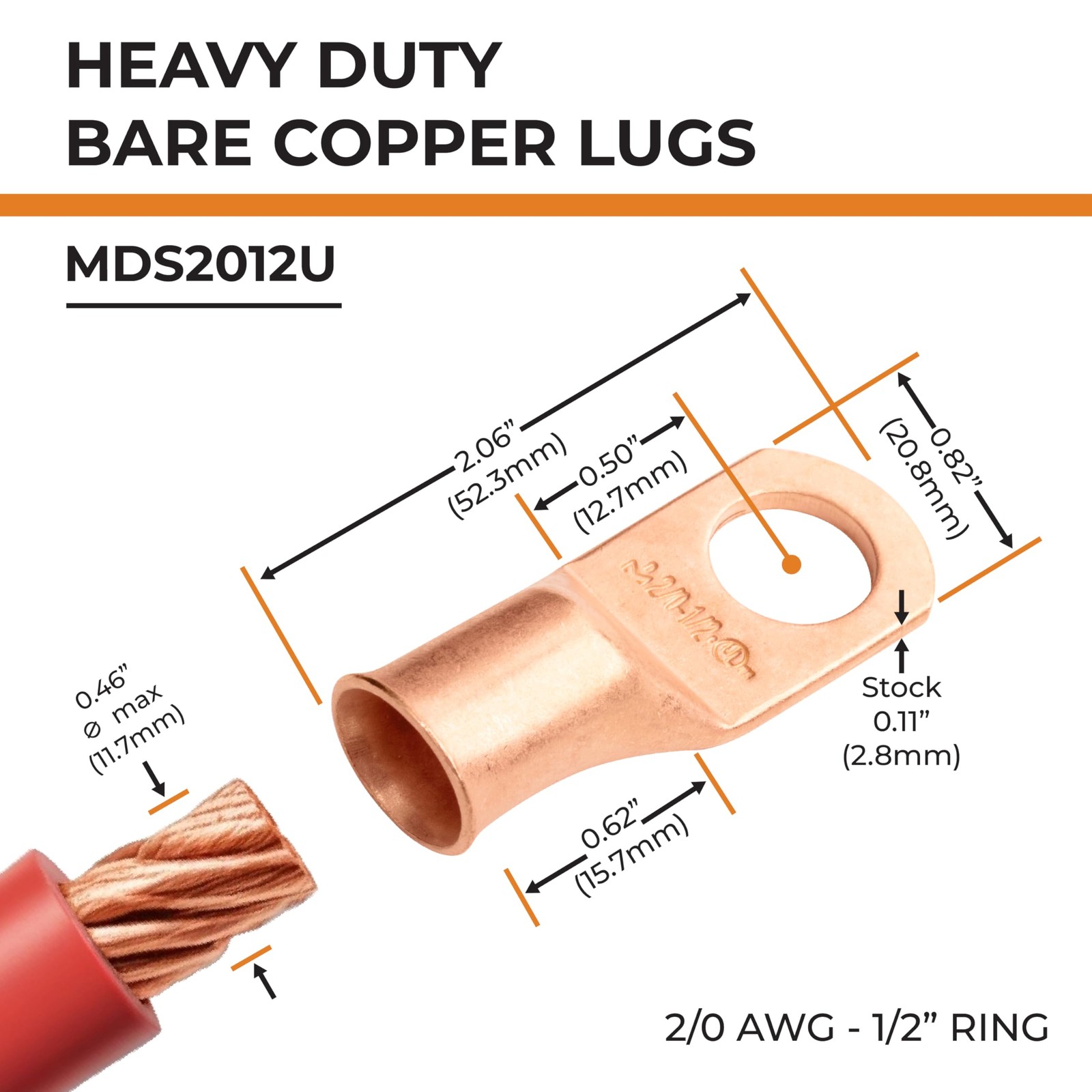 25pcs 2/0 AWG 1/2″ Stud Battery Lugs, Ring Terminals, Heavy Duty Copper Wire …