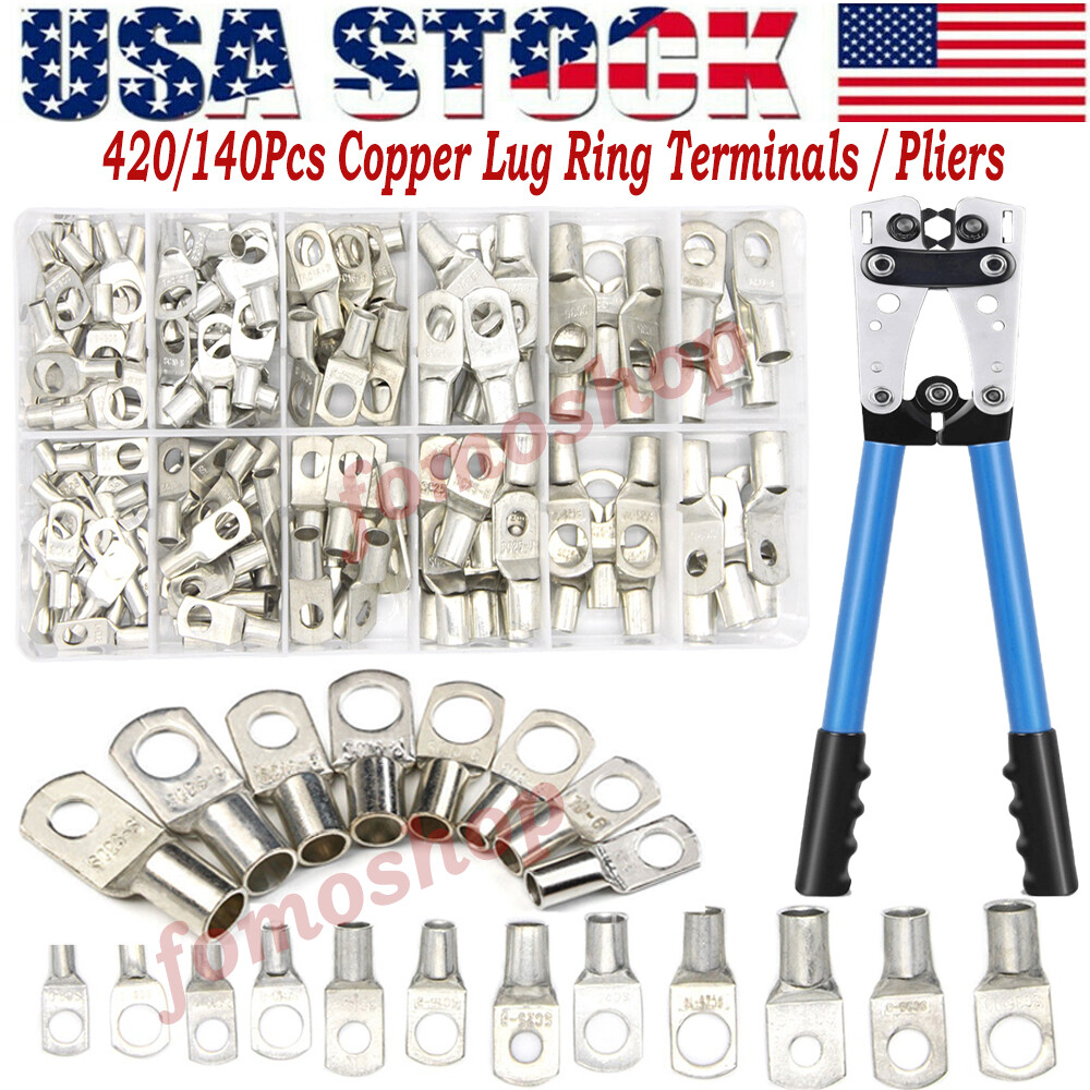 420/140Pcs Cable Lug Copper Ring Crimp Terminal/Plier Battery Wire Connector Kit
