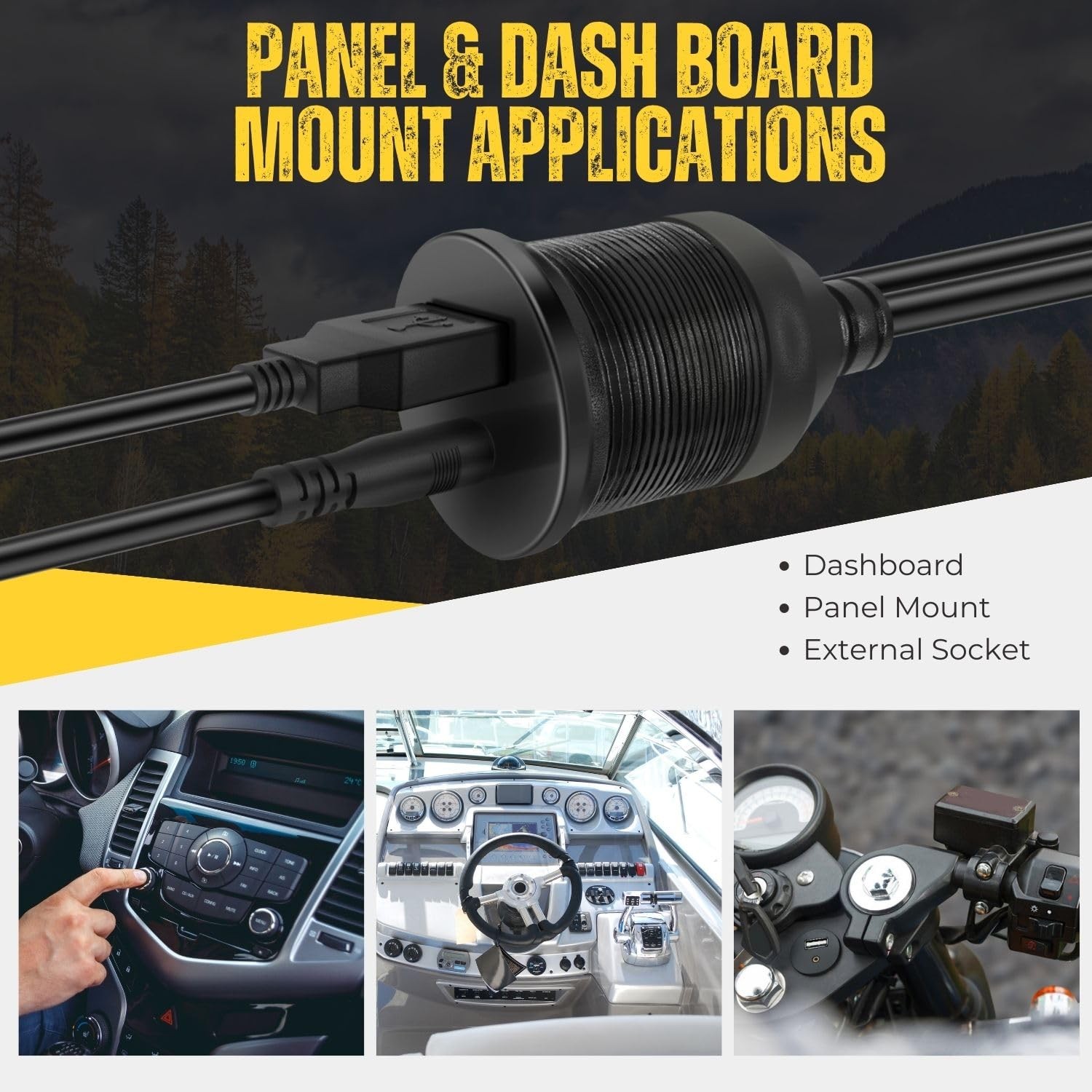 TNP USB AUX Flush Mount Cable, Dashboard Panel Dash 6 ft, Black, Round