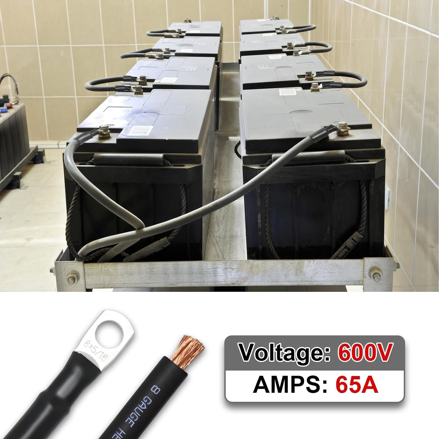 8 Gauge Battery Cable 1ft with Lugs for Automotive & Marine Power