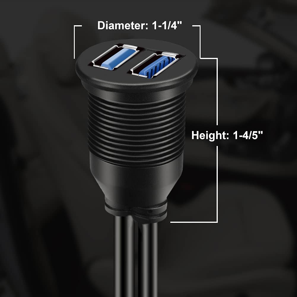 BATIGE 2 Ports Dual USB 3.0 Male to Female AUX Flush 1pcs 3ft, Black