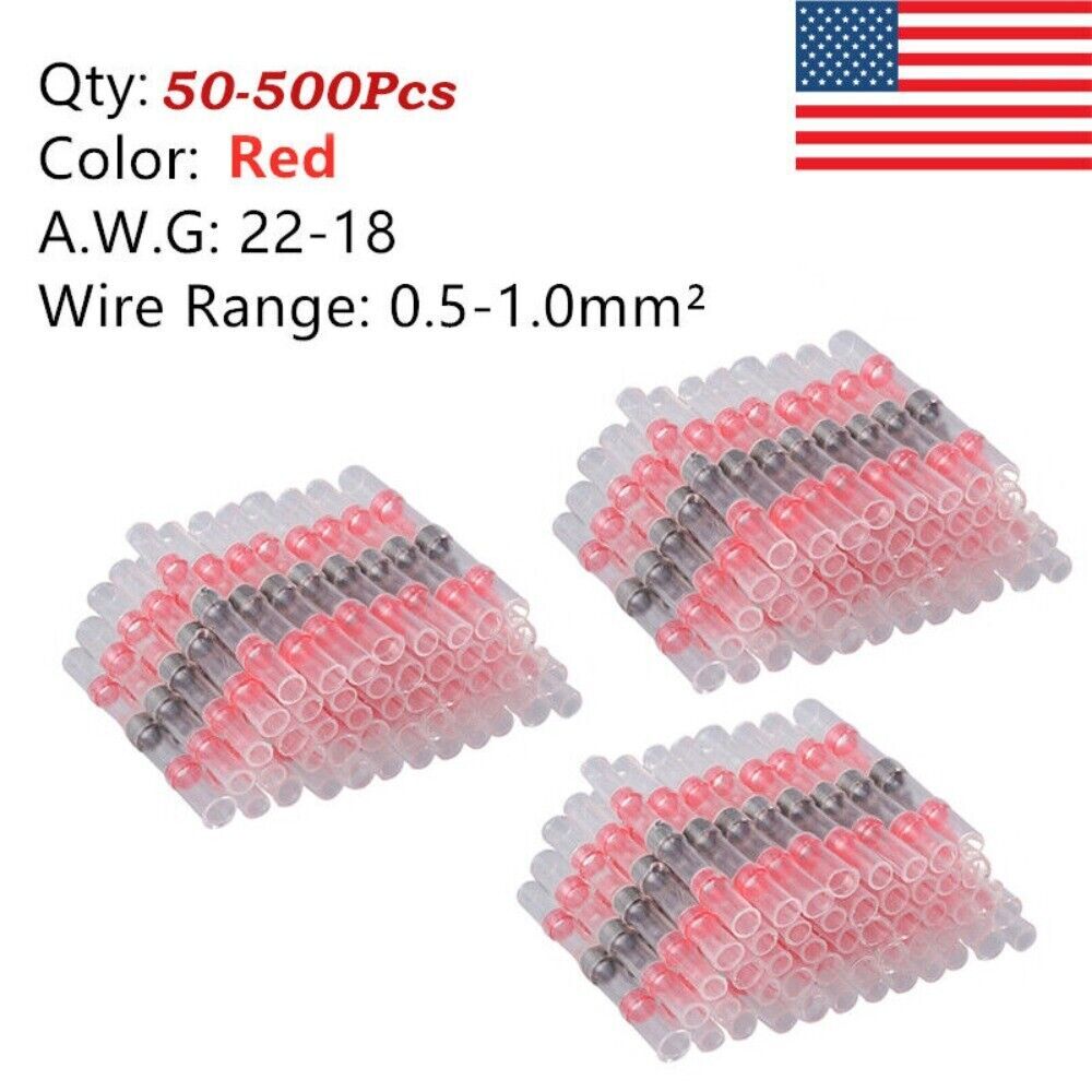 Solder Seal Sleeve Heat Shrink Butt Wire Terminal Connector 22-18AWG 1000-50Pcs