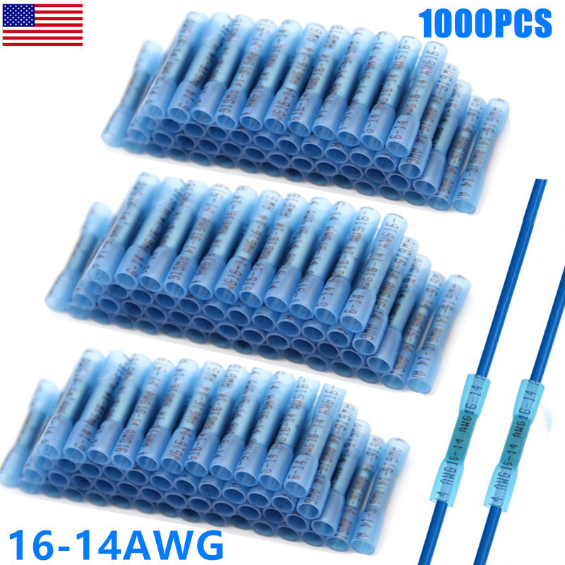 1000PCS Blue 14-16AWG Heat Shrink Waterproof Wire Connectors Butt Seal Terminals