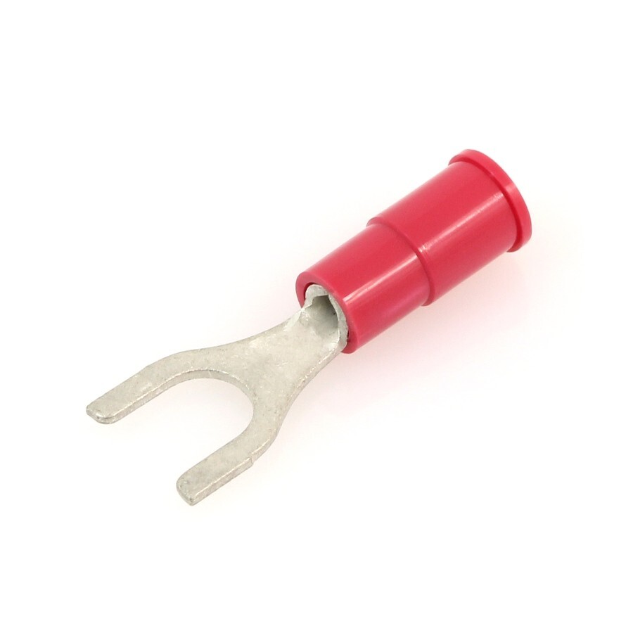 Vinyl Insulated Red Spade Terminal 22-18 Gauge #10 Stud – USA – 100 Pack