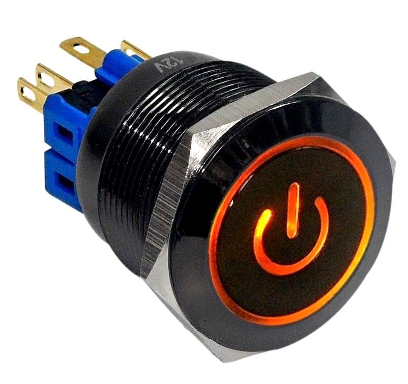 25mm AMBER LED Waterproof Black Stainless Steel Push POWER On/Off Button Switch
