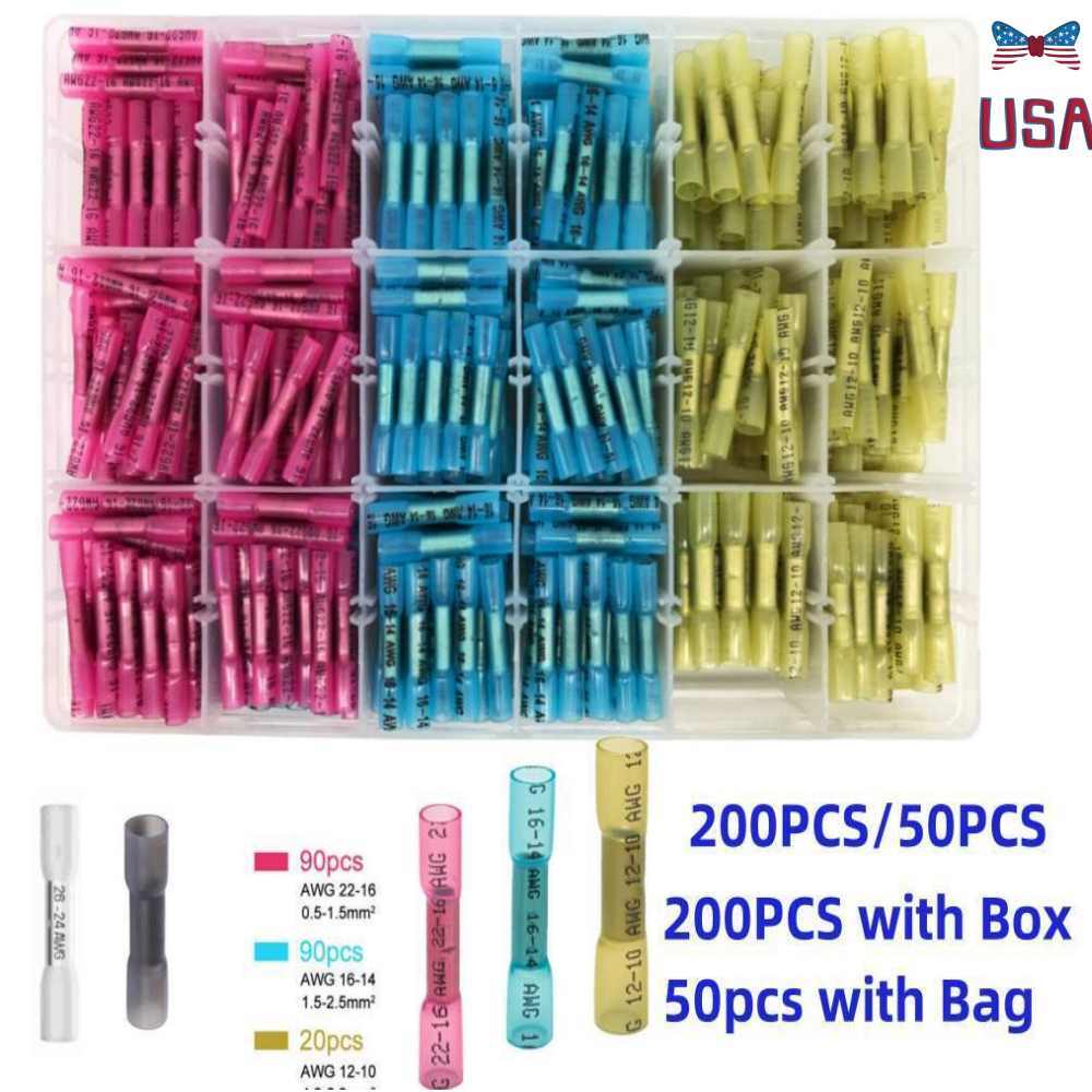 26-10AWG 200/50pcs Heat Shrink Butt Wire Connectors Crimp Terminal Waterproof