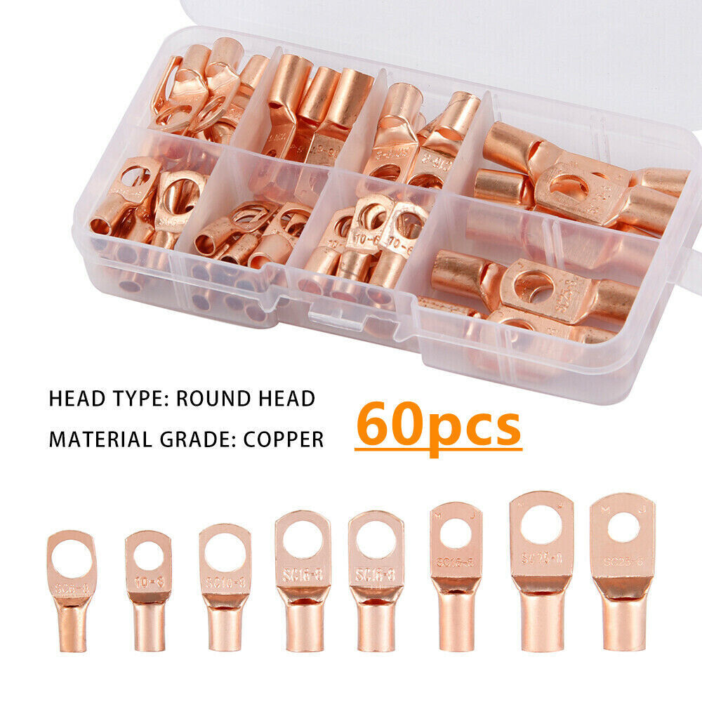 60Pcs Battery Terminals Connectors Copper Ring Wire Ends Lugs Gauge AWG 4 6 8 10