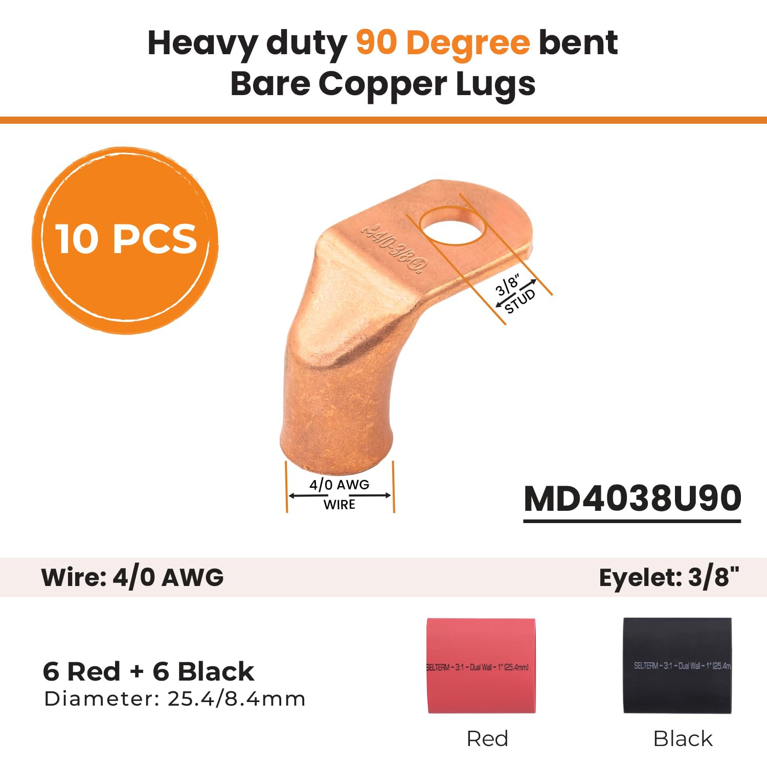 10Pcs – 4/0 AWG 3/8″ Stud – 90° Bent Battery Lugs – Ring Terminal Connectors wit