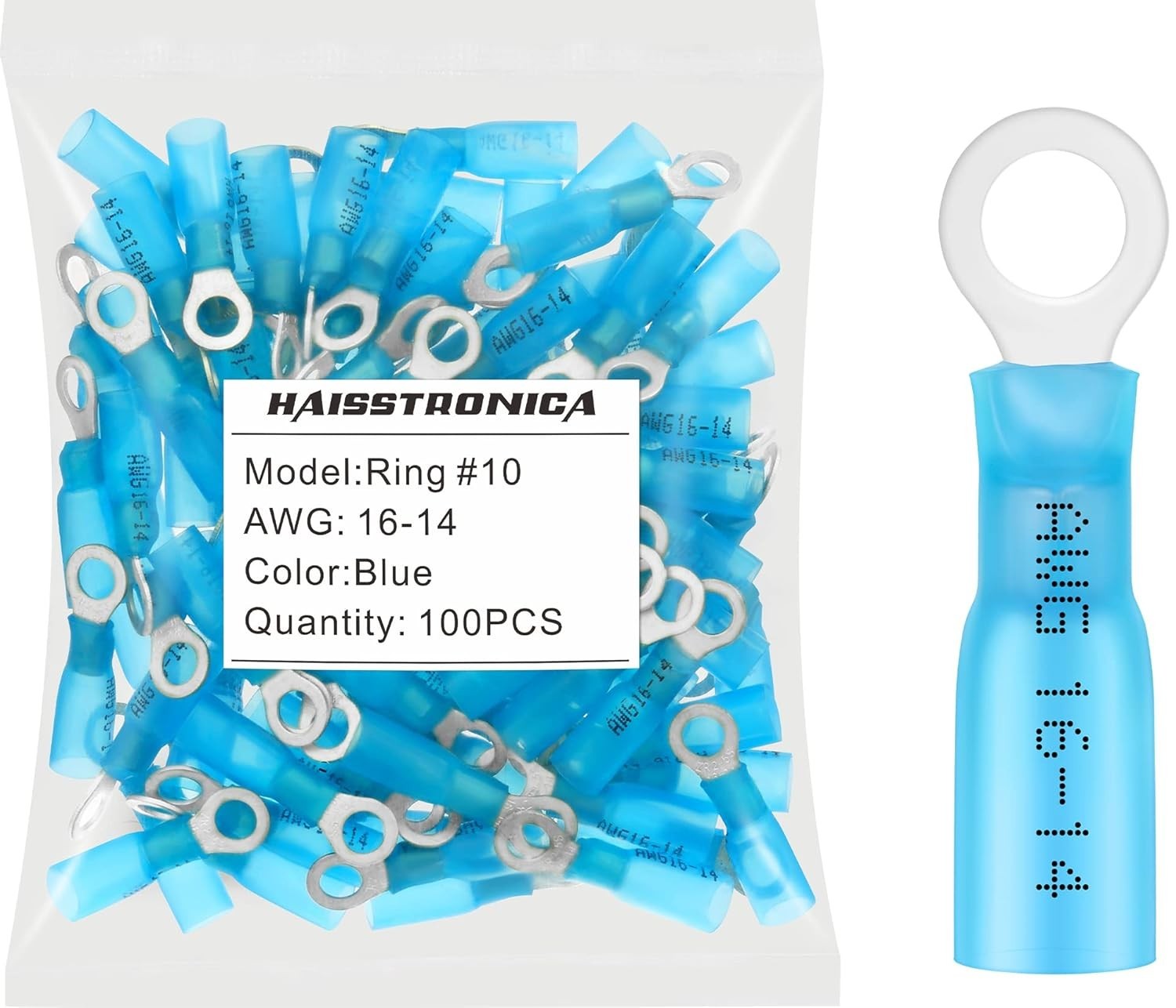 haisstronica 100pcs #10 Blue Marine Grade Heat Shrink Ring Connectors,16-14 Gaug