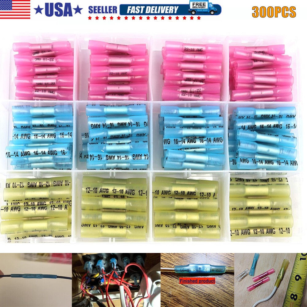 300pcs Heat Shrink Butt Wire Connectors Waterproof Crimp Splice Terminal Kit