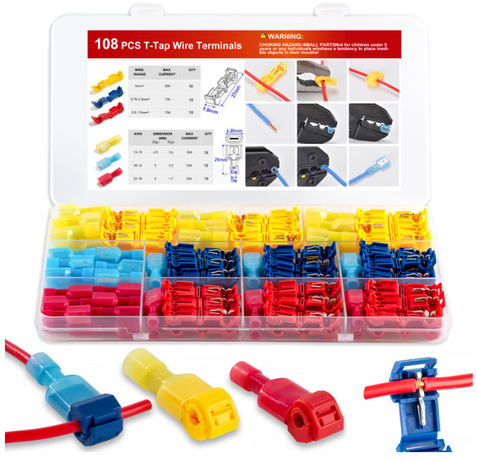 108PCS T-Tap Wire Connectors Kit Quick Splice Electrical Terminals 22-10AWG