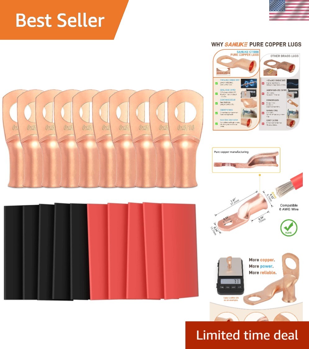 Reliable 6 AWG-5/16 Battery Cable Lugs with Dual Wall Heat Shrink Tubes – 10pc