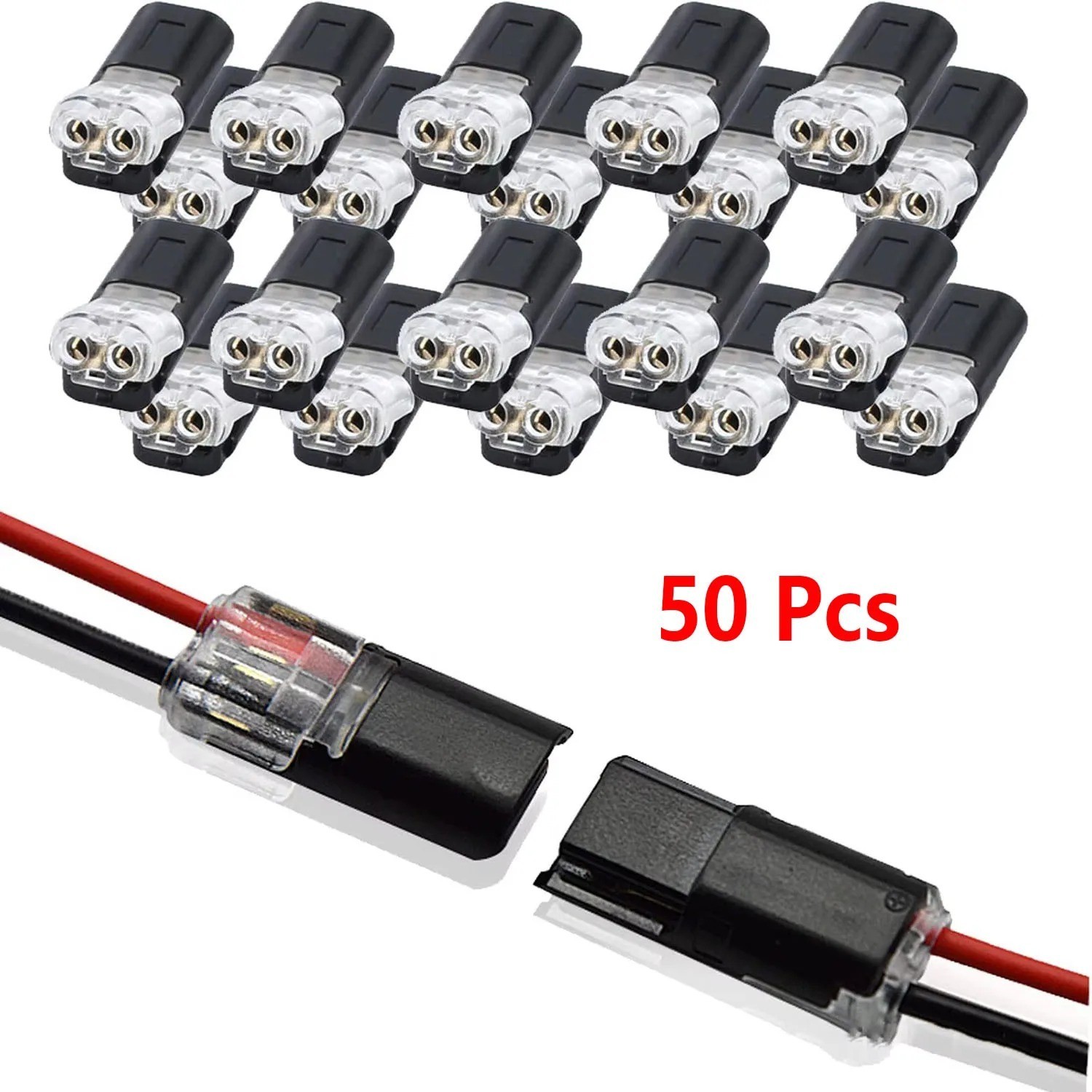 50pc 2-Way Quick Wire Connectors Waterproof Locking Buckle 18-22AWG Solderless