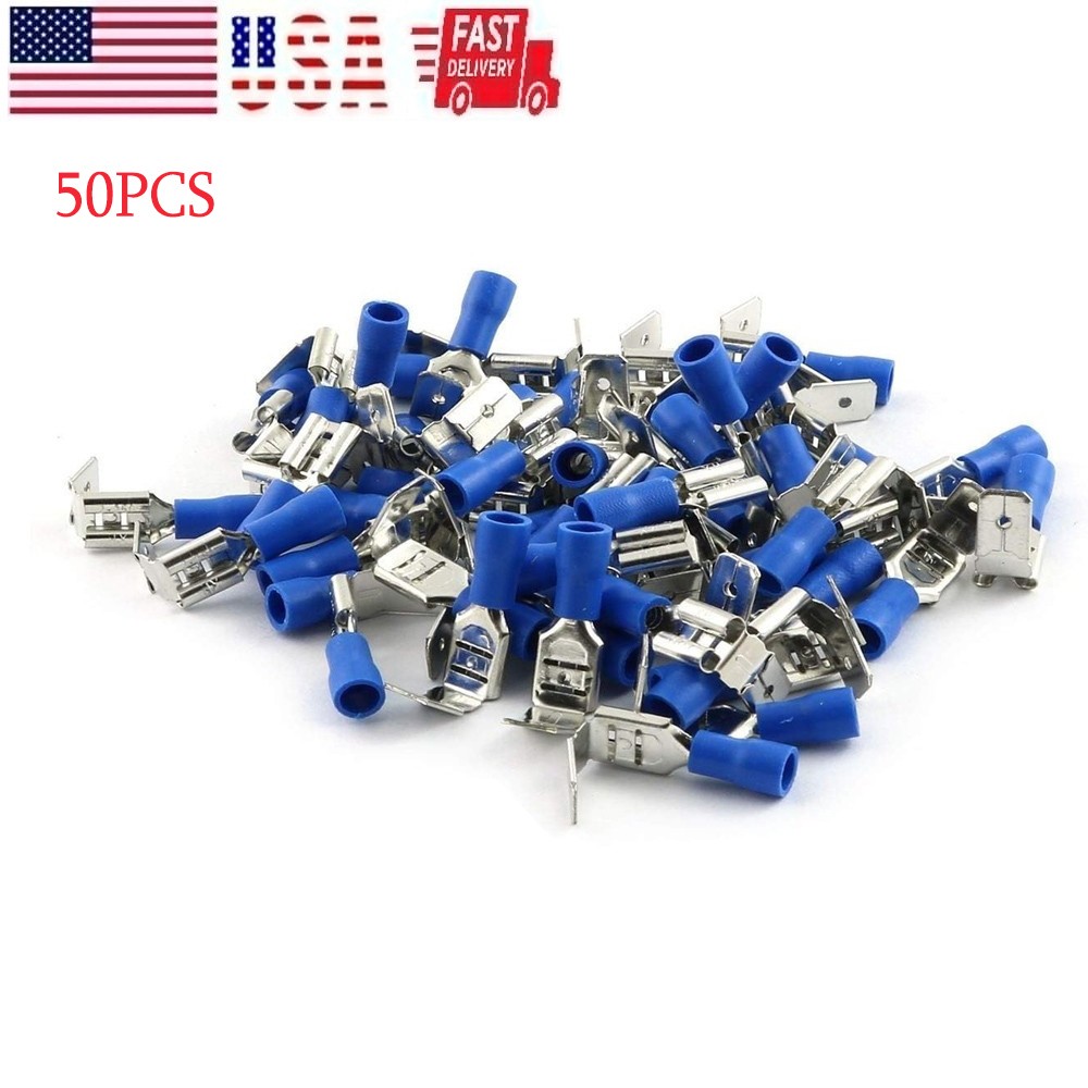 50pc Piggyback Quick Wire Disconnect Blue Connectors Male/Female Spade 16-14 GA