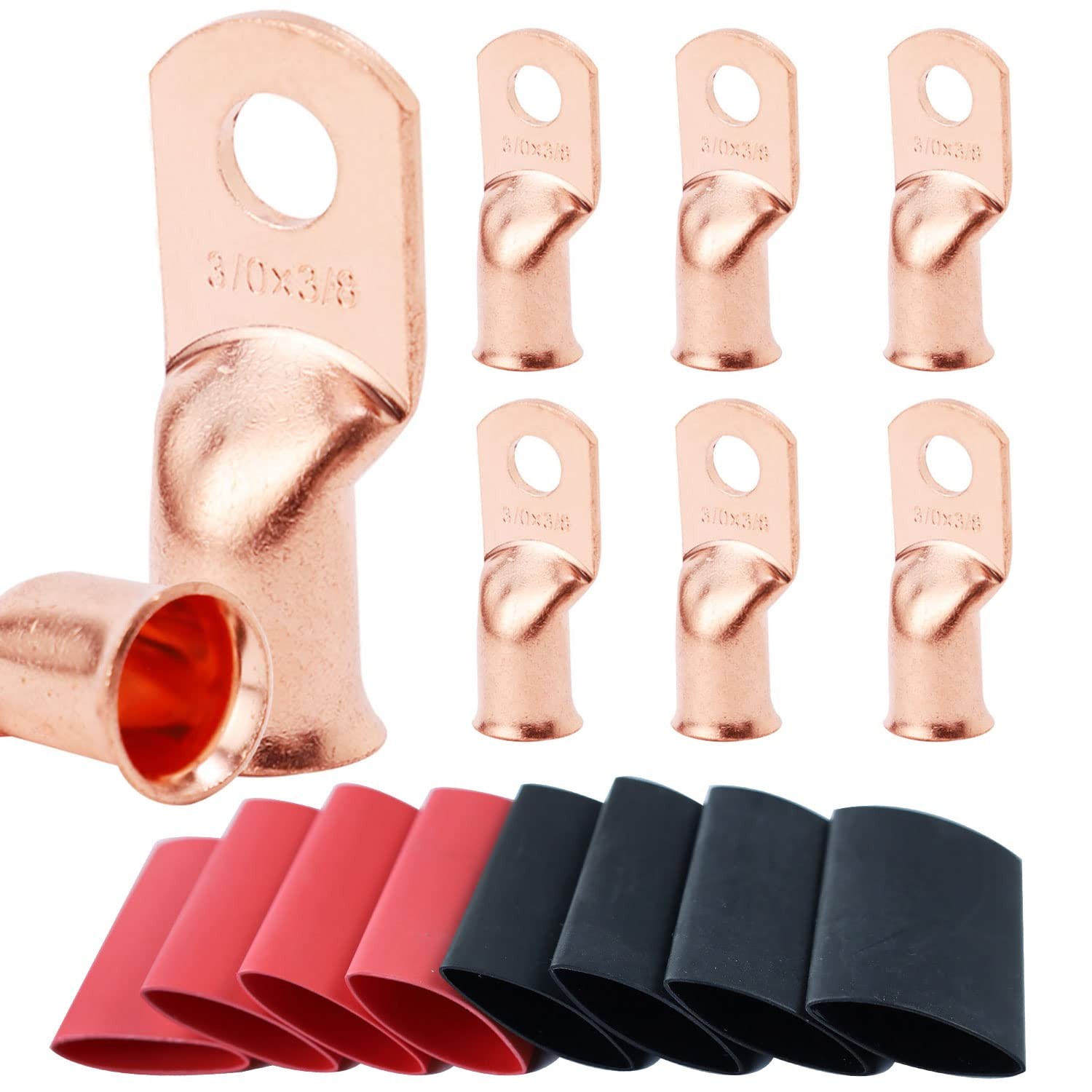 TKDMR 8PCS 3/0 AWG 3/8″ Battery Lugs with Heat Shrink Tubing Copper Ring