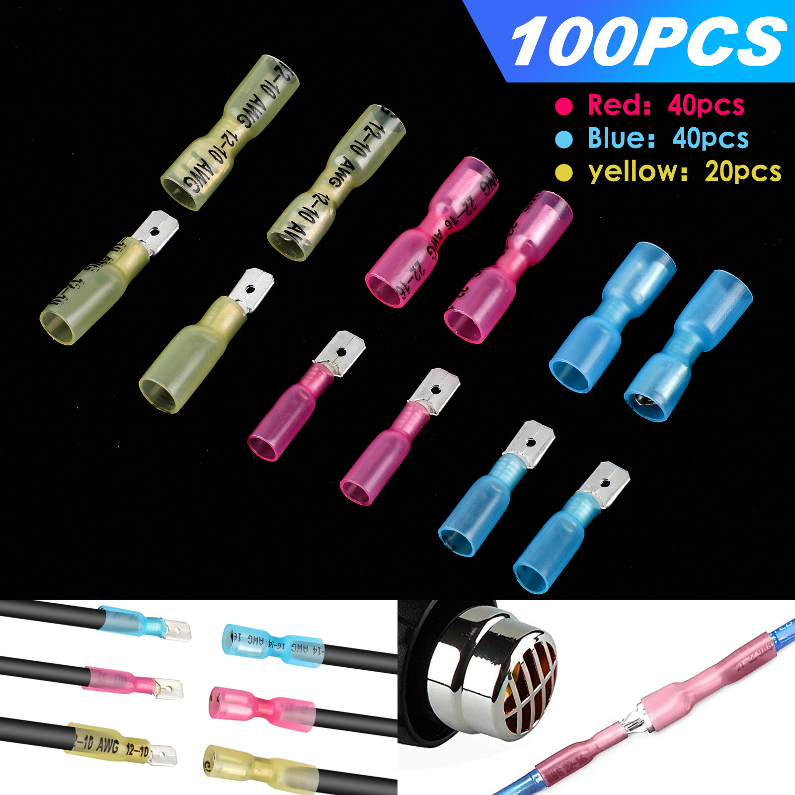 100PCS Electrical Heat Shrink Male & Female Spade Wire Connectors Terminals Set