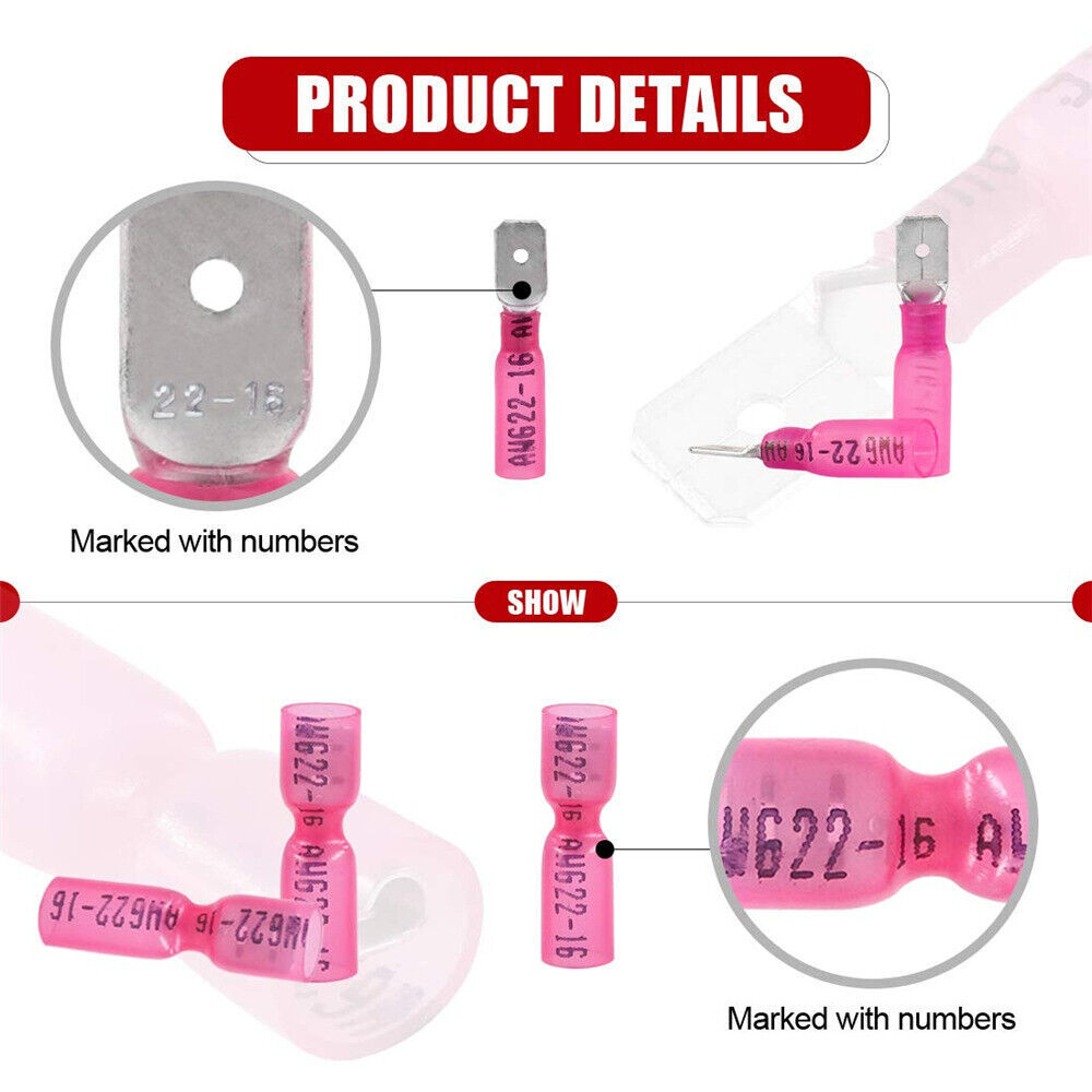 Red 22-16AWG Heat Shrink Male Female Spade Terminals Crimp Wire Connector 1/4″