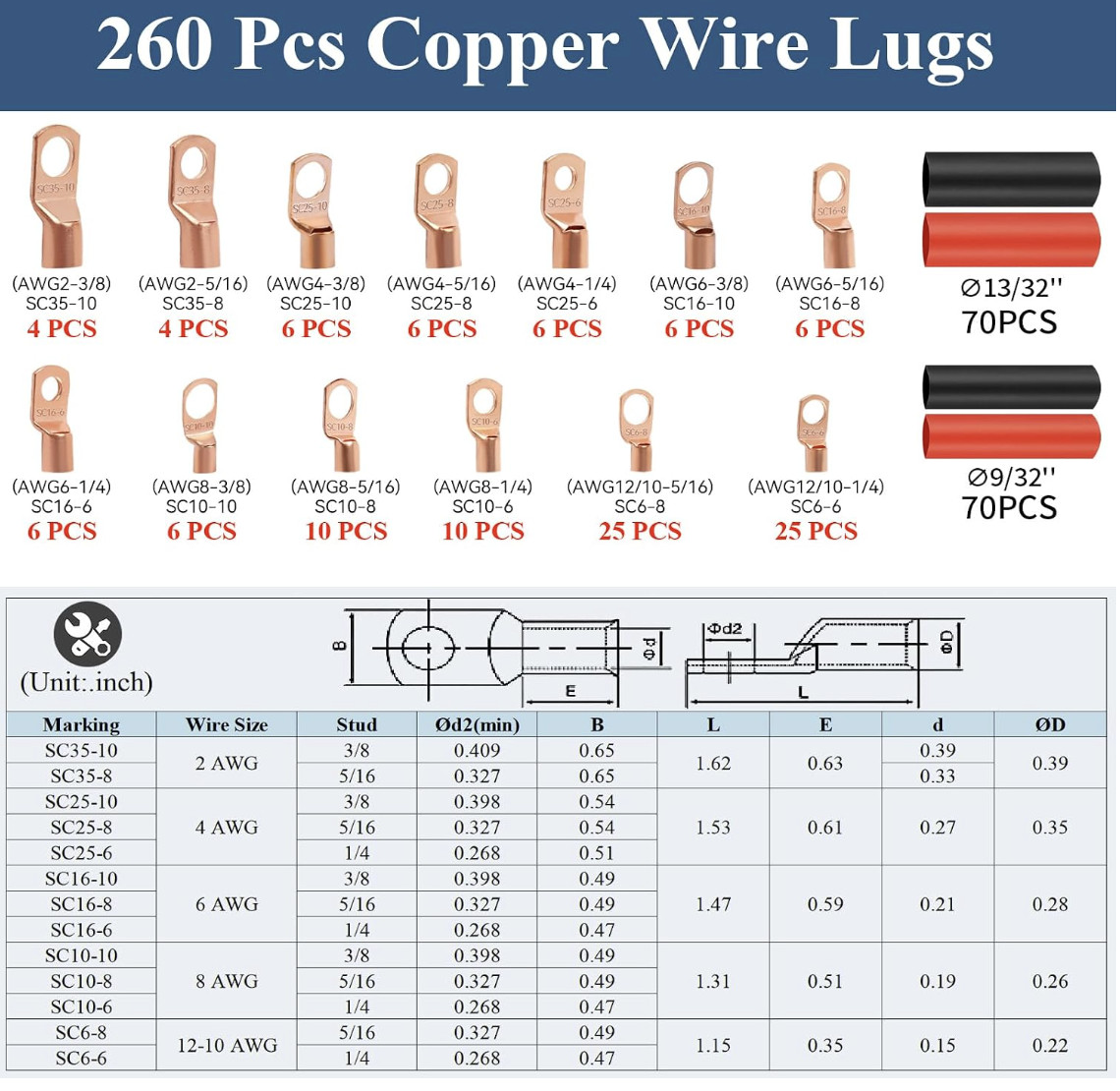 Copper Battery Cable Ends Wire Lugs Assortment Kit AWG 2 4 6 8 10 Gauge 150pcs