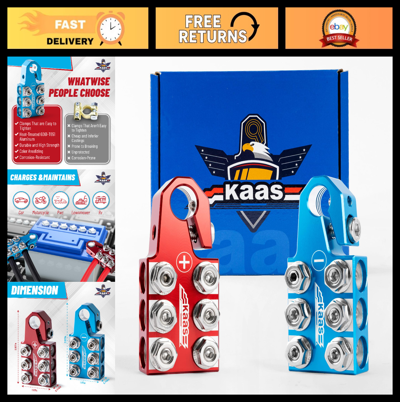 Colored Battery Terminal Connectors Set – Positive (Red) & Negative (Blue) Clamp