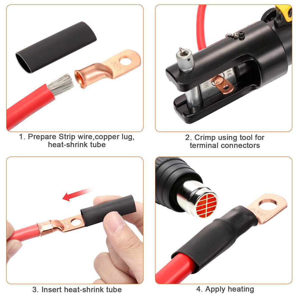 Gauge Copper Cable Lugs BLACK & RED 1/0 AWG Heat Shrink Ring Terminals/Tool