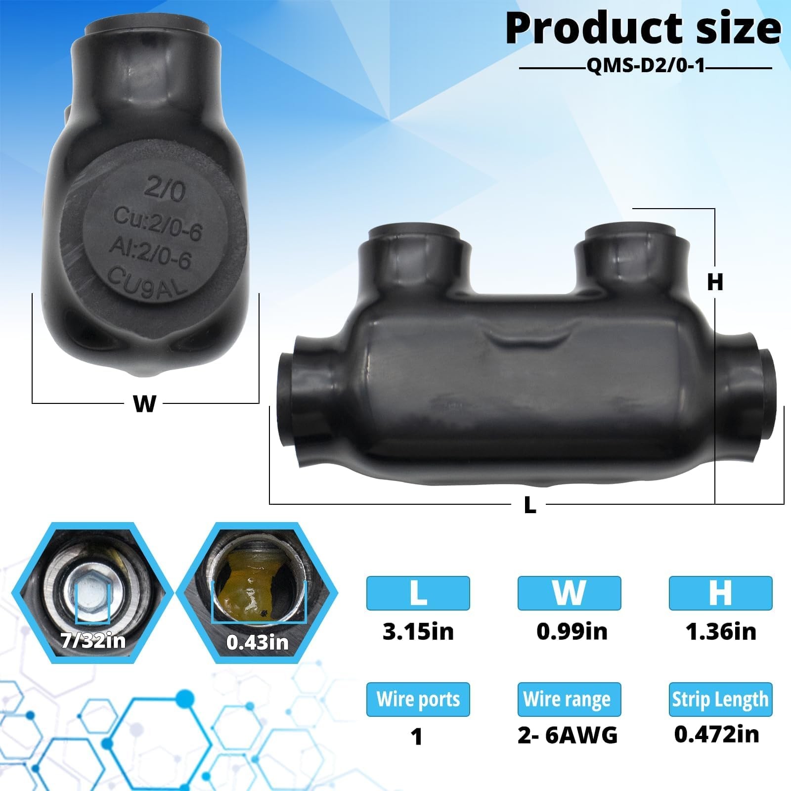 2/0-6 Wire Range Black Insulated in-Line Splice Connector 3.36”L x 1.08”W x 1…