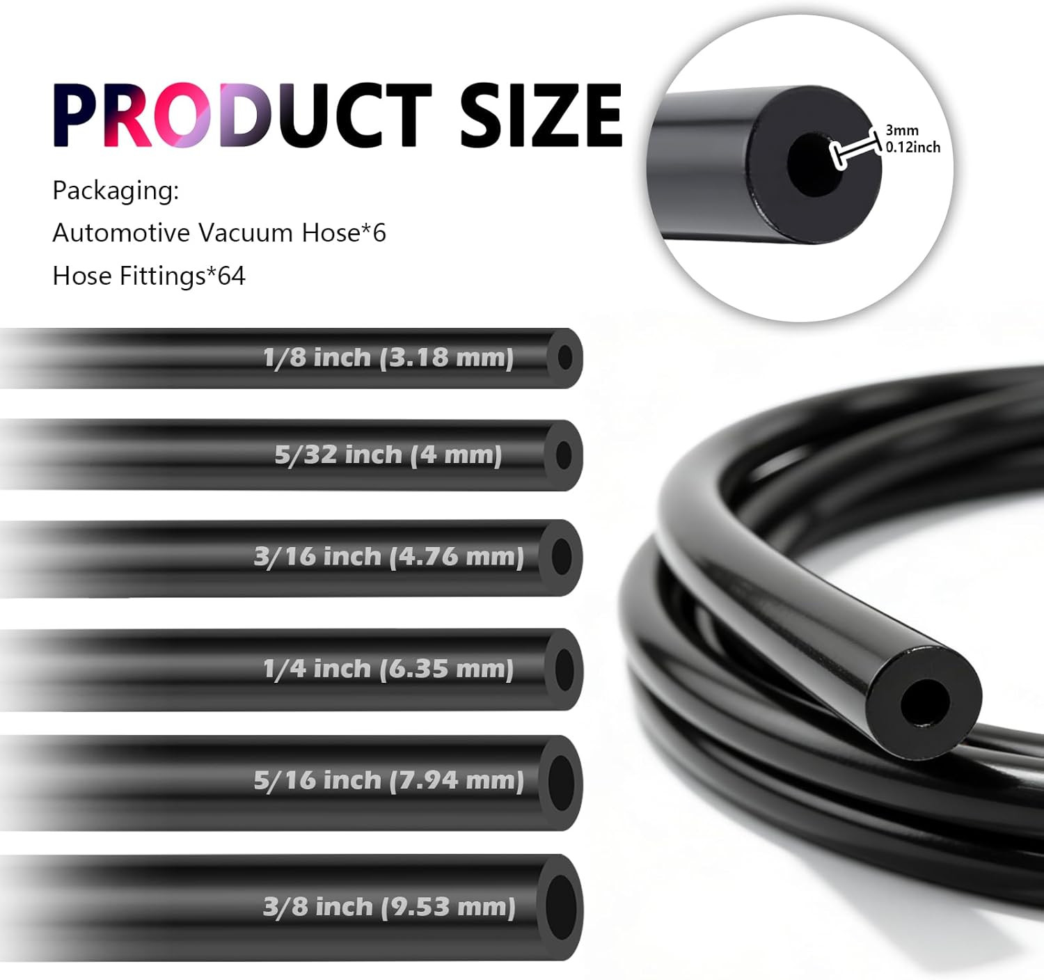 6PCS 5Ft Vacuum Lines Automotive with 64PCS Connectors,Multi-Size Silicone Vacuu