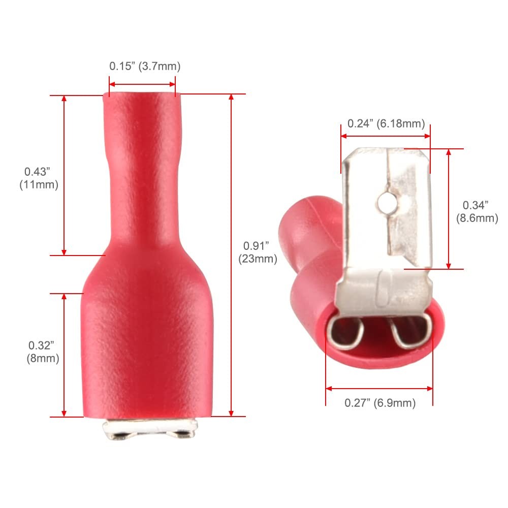 1/4 inch Piggyback Spade Crimp Terminal Connector 22-16 AWG Red 25 PCS