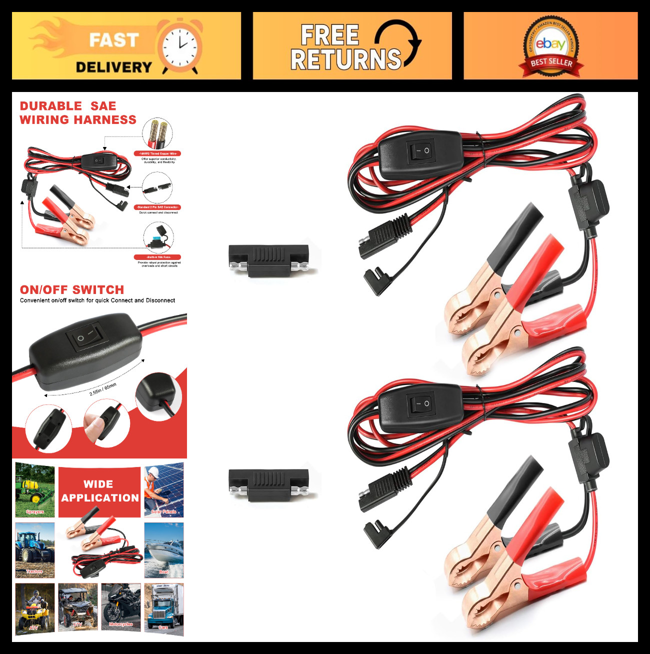 16AWG 12V Alligator Clips Wire Harness with On/Off Switch – 7.9ft Extension for