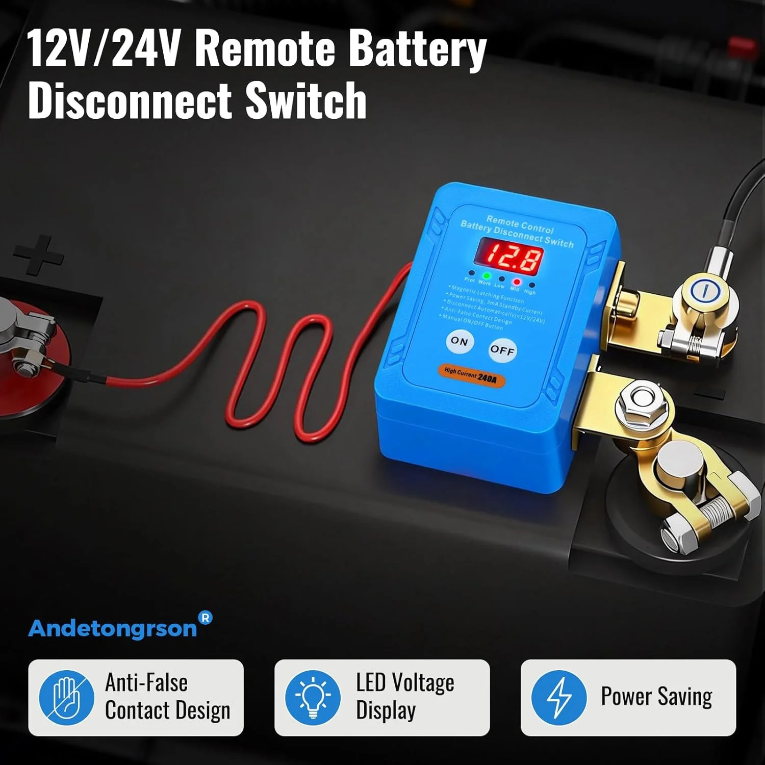 Remote Battery Disconnect Switch LED Display Flame-Retardant Housing, 12V/24V 24