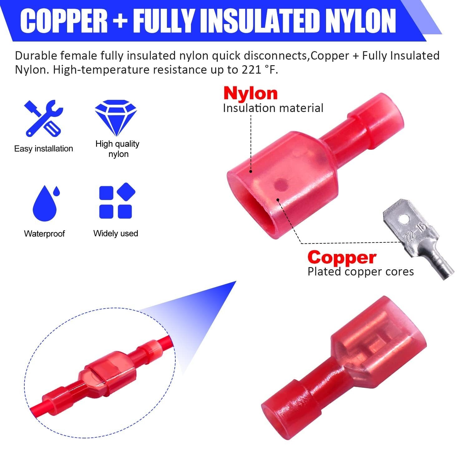 100PCS Nylon Female Male 22-16AWG Insulated Spade Crimp Terminal Wire Connectors
