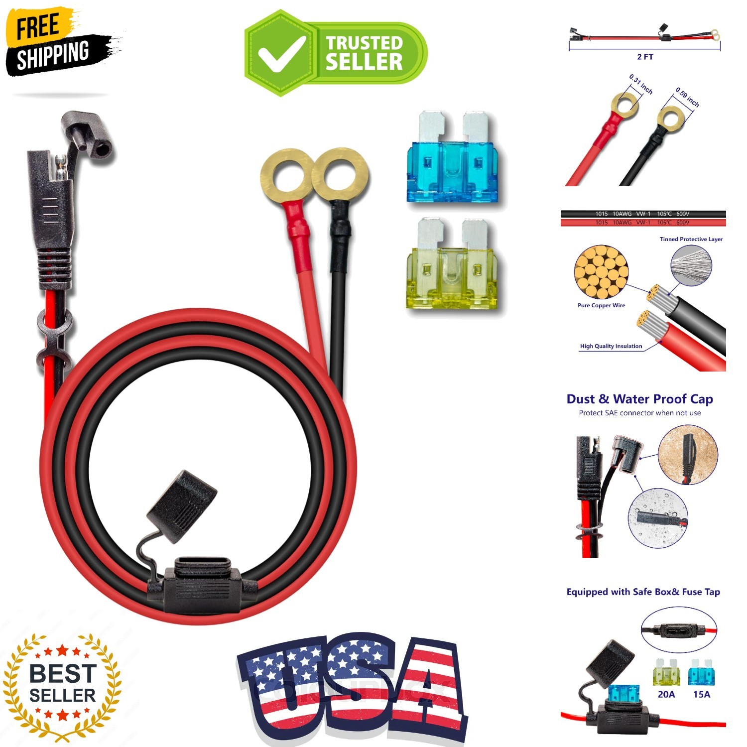10AWG 2FT Charger Cable, SAE to O Ring Terminal Quick Disconnect Harness, 2 P…