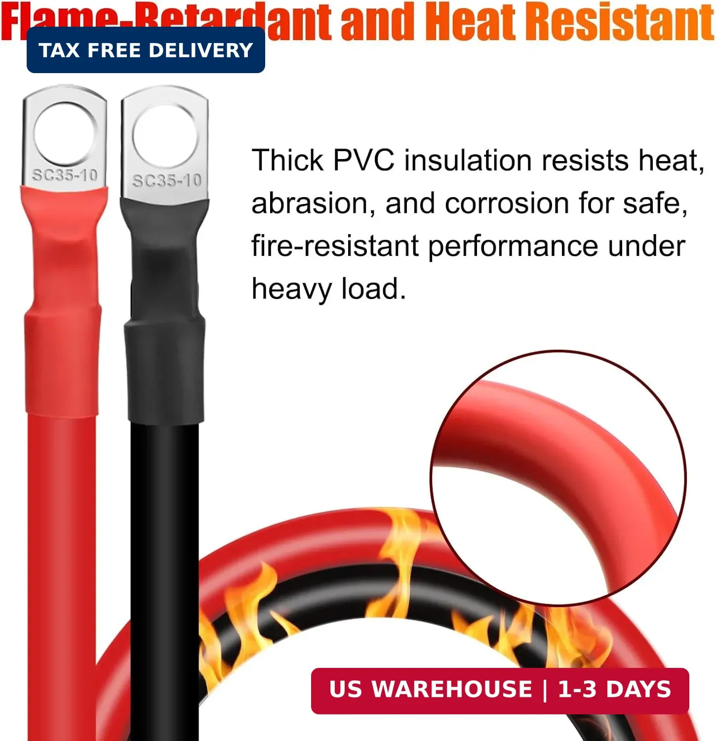 6PCS 2 AWG Battery Cables 12 Inch, 30CM 2 Gauge Pure Copper Heavy Duty Battery I
