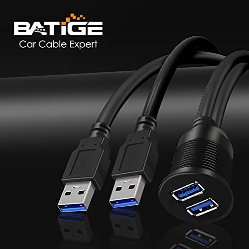 BATIGE 2 Ports Dual USB 3.0 Male to Female AUX Flush 1pcs 3ft, Black