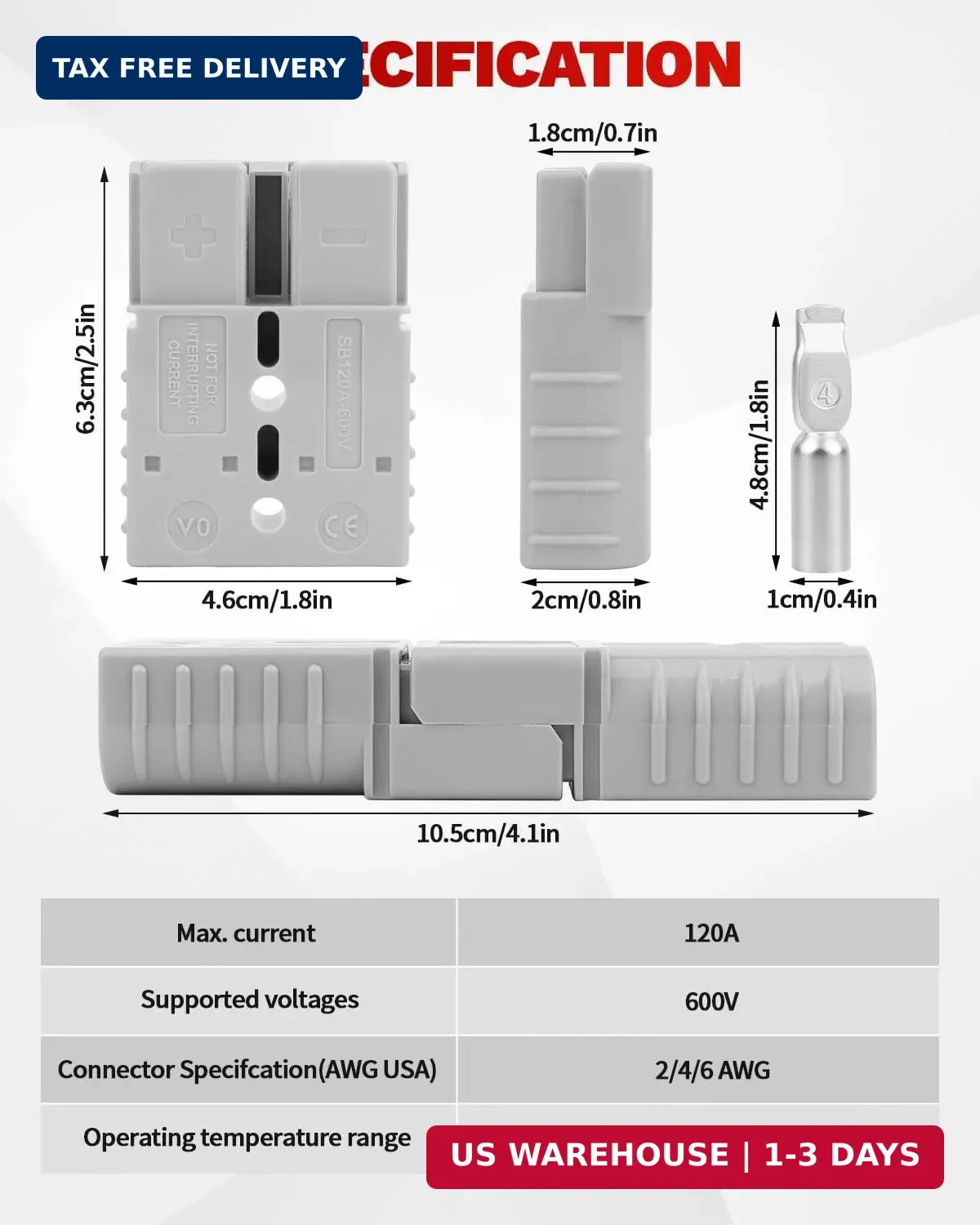 120A-600V Battery Quick Connect/Disconnect with 2/4/6 AWG, 2 PCS Jumper Cable Pl